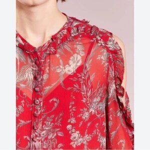 The Kooples Birdy Floral Print Cold Shoulder Silk High Low Blouse